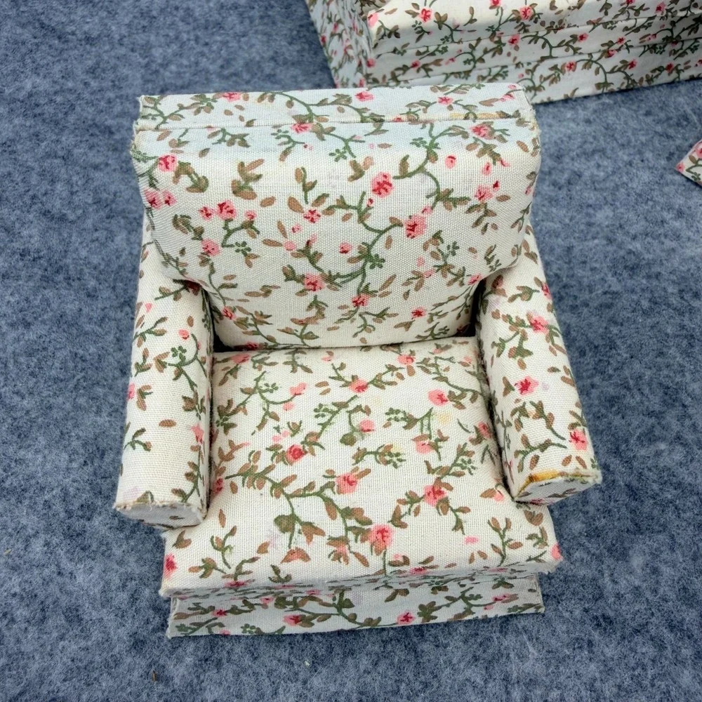 Miniature Dollhouse Floral Living Room Furniture Set Sofa Chairs Ottoman 4 Pc